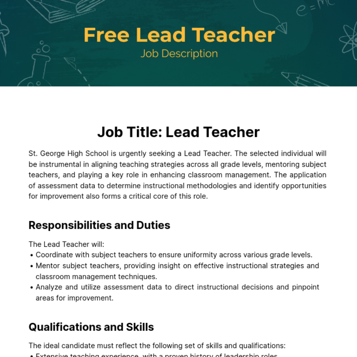 Free Lead Teacher Job Description Template