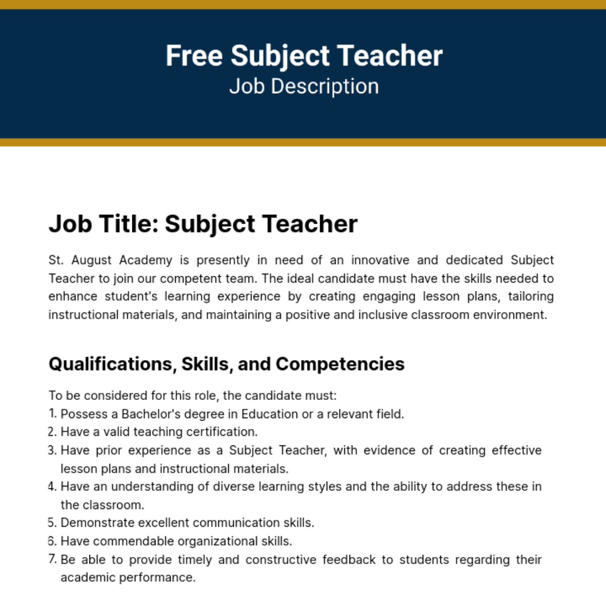Subject Teacher Job Description Template