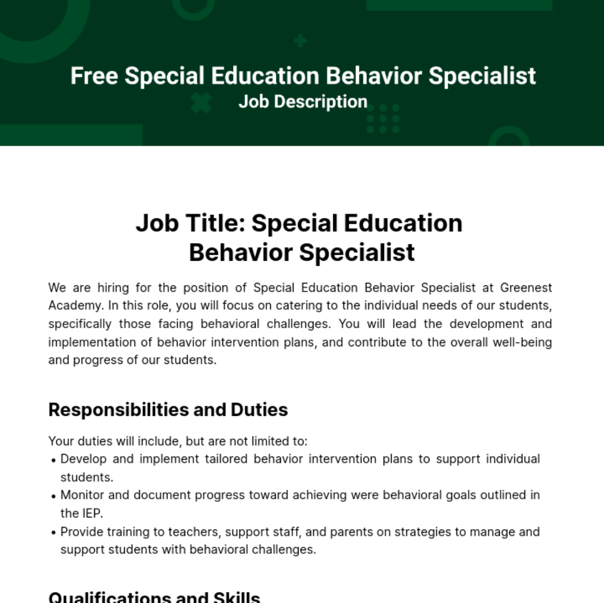 Special Education Behavior Specialist Job Description Template