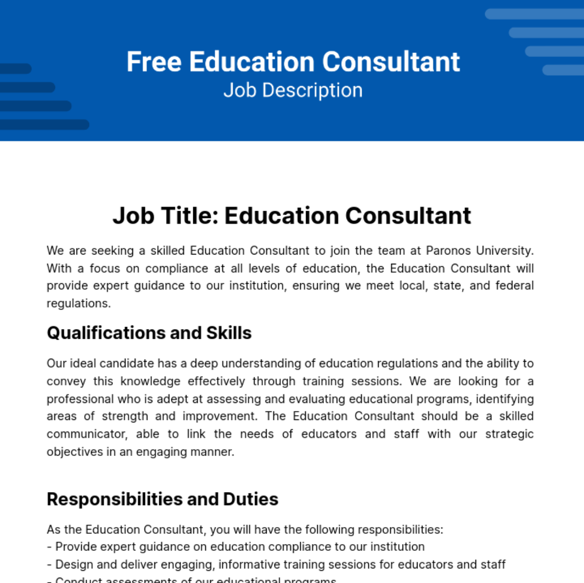 Free Education Consultant Job Description Template