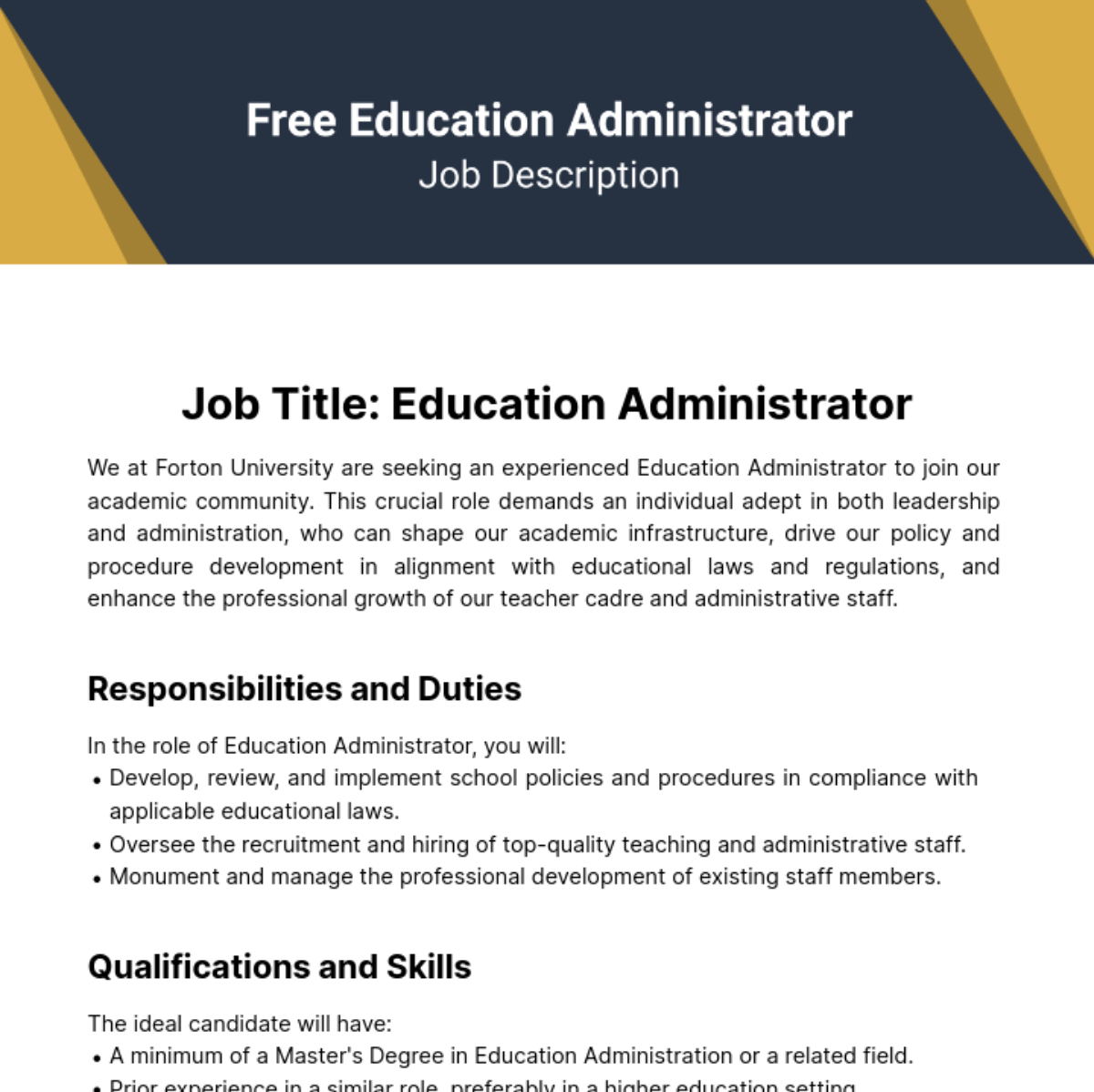 Free Education Administrator Job Description Template