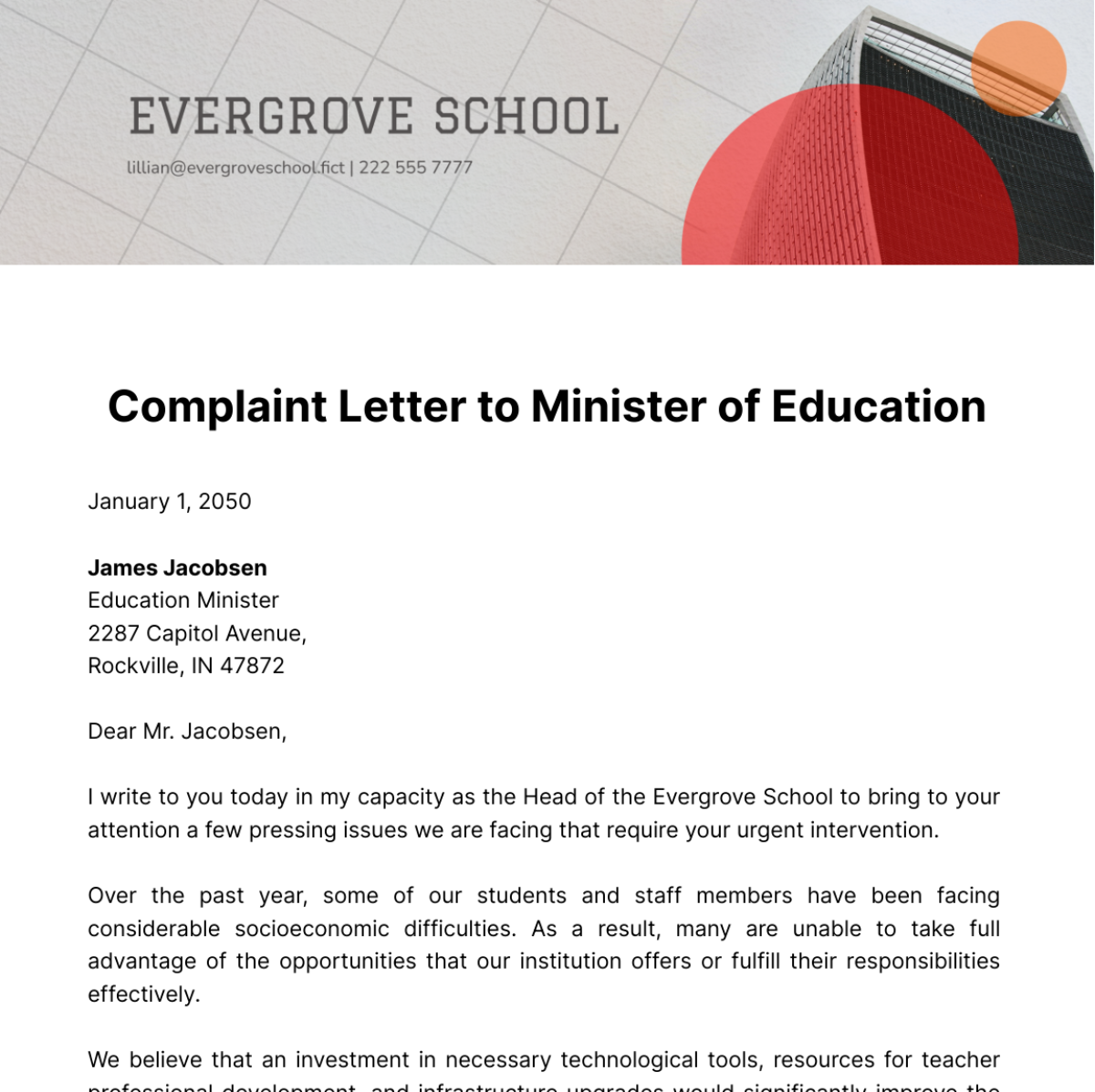 Complaint Letter to Minister of Education Template