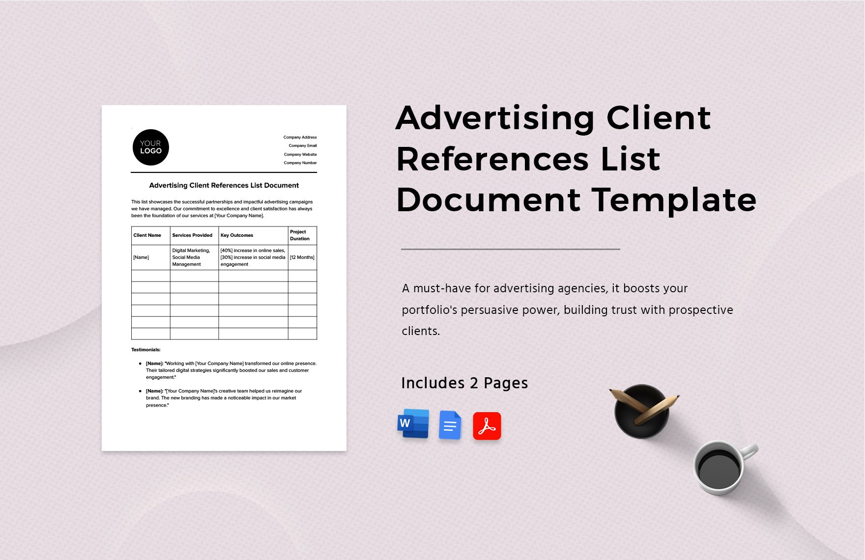 Advertising Client References List Document Template in Word, Google Docs, PDF
