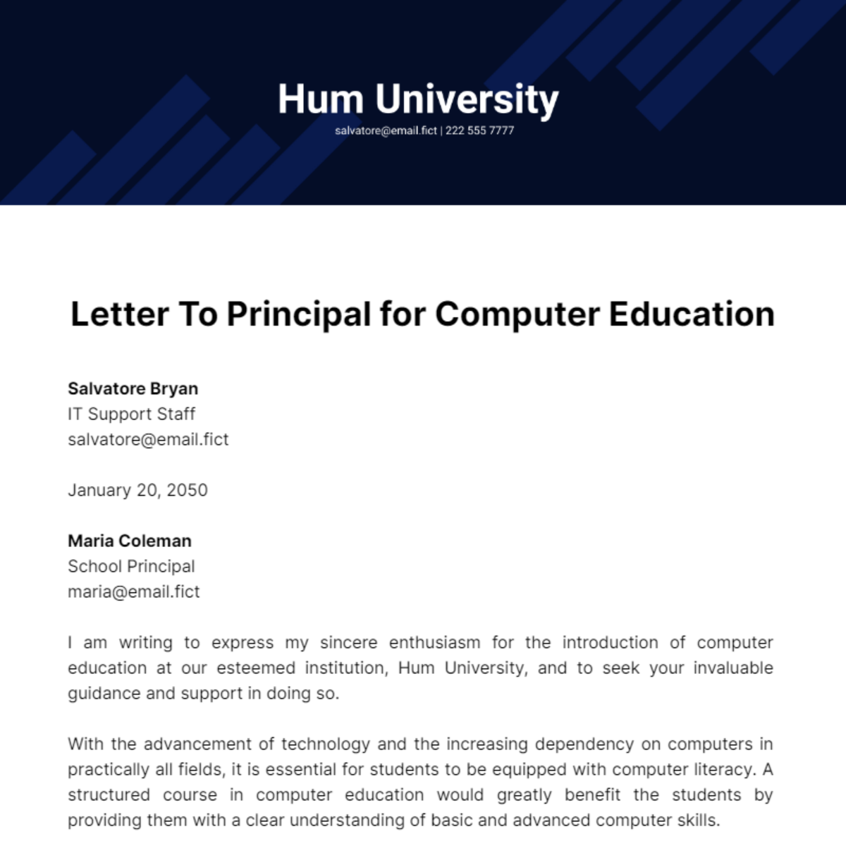 Letter to Principal for Computer Education Template