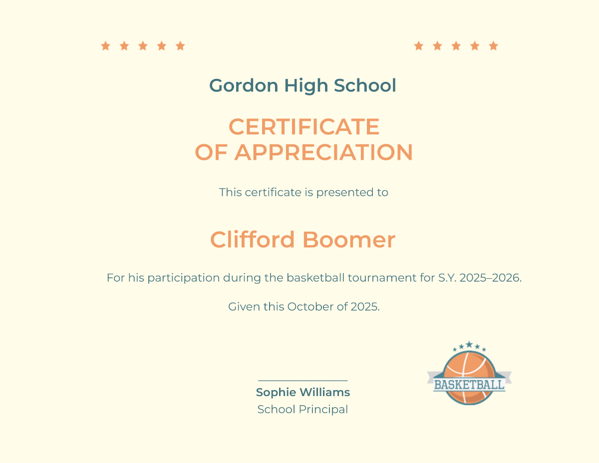 Basketball Appreciation Certificate Template