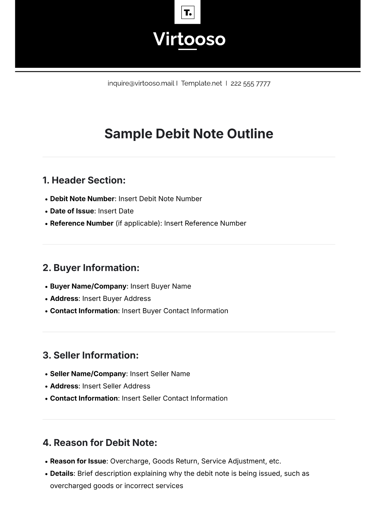 Sample Debit Note Outline Template