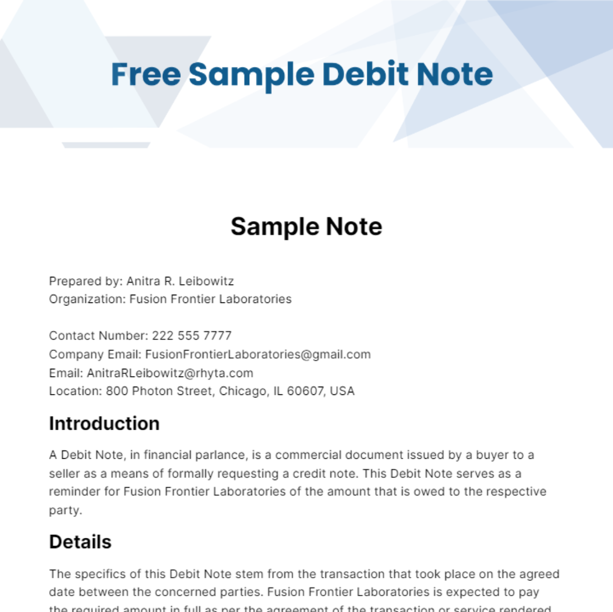 Sample Debit Note Template