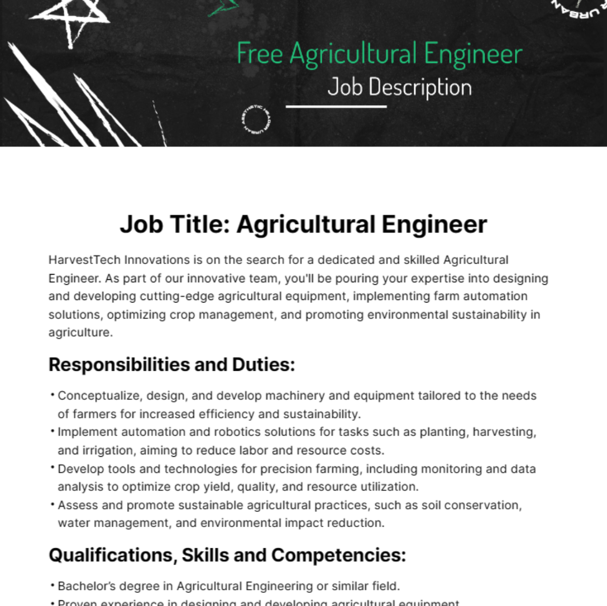 Free Agricultural Engineer Job Description Template
