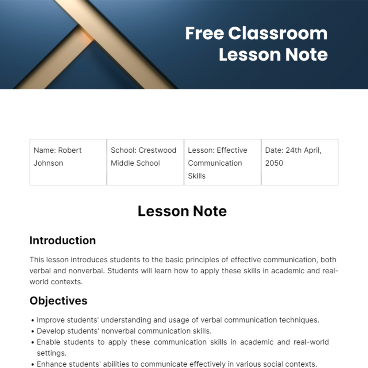 Free Classroom Lesson Note Template