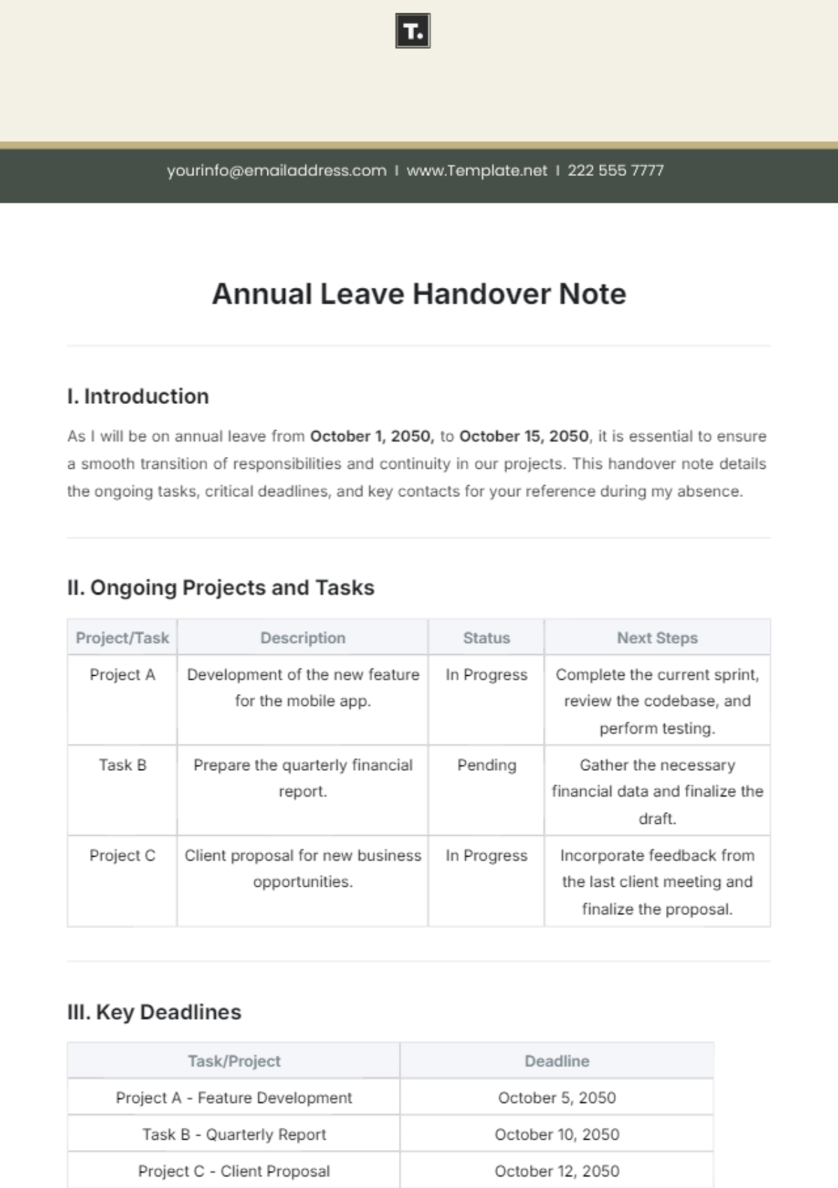 Annual Leave Handover Note Template