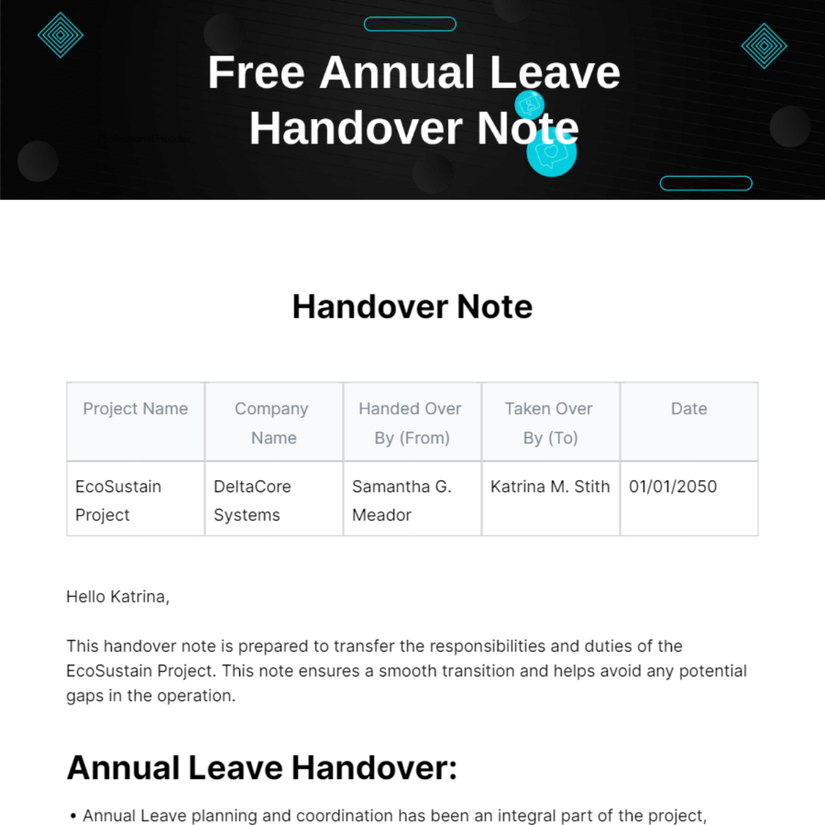 Free Annual Leave Handover Note Template