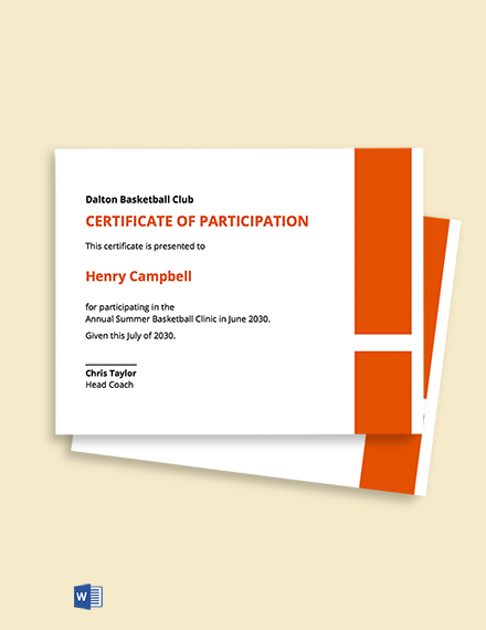 Basketball Certificate Of Participation Template - Google Docs, Word