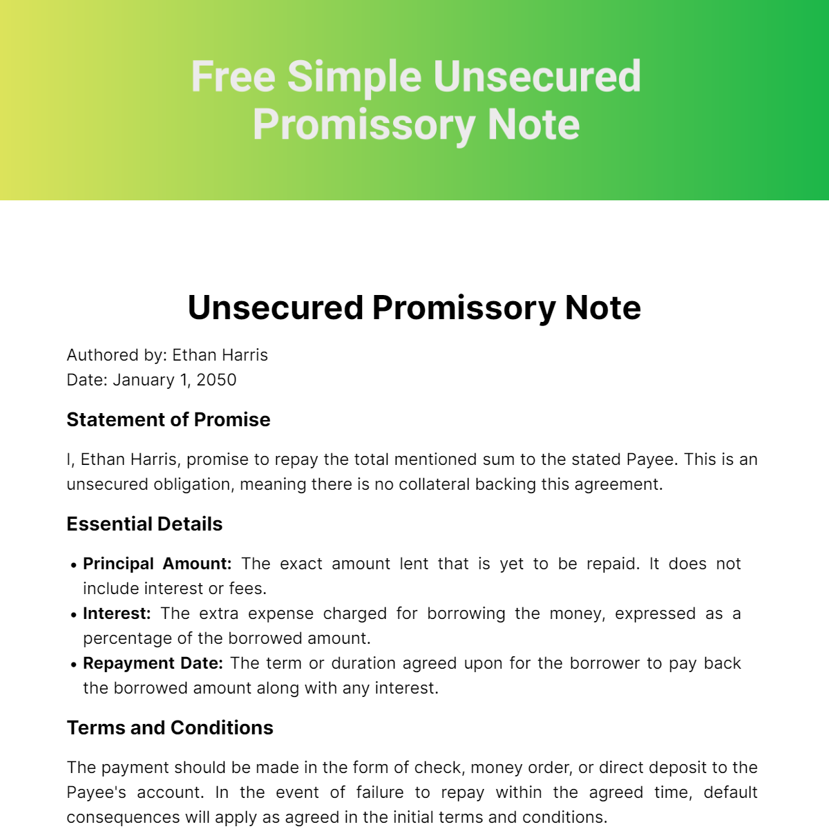 Simple Unsecured Promissory Note Template