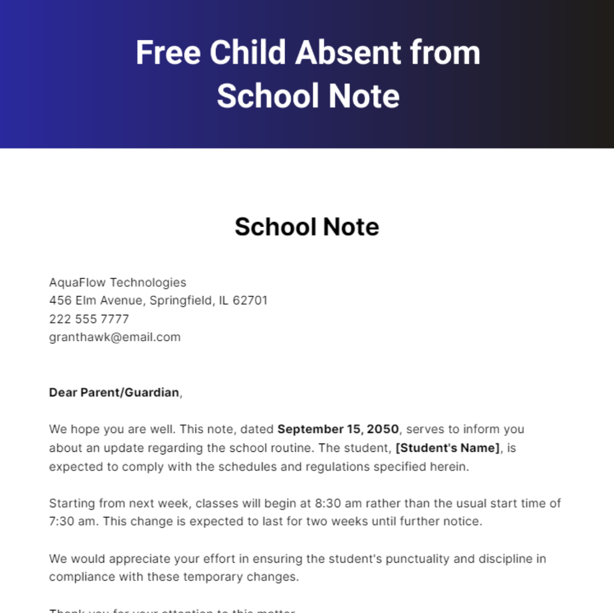 Child Absent from School Note Template