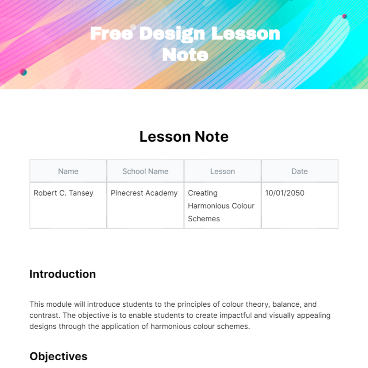 Design Lesson Note Template