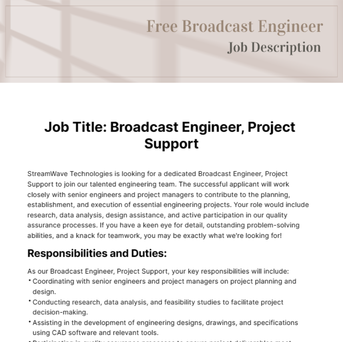 Broadcast Engineer Job Description Template