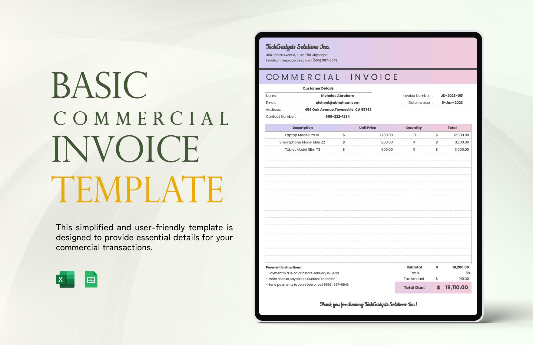 Free Basic Commercial Invoice Template in Excel, Google Sheets