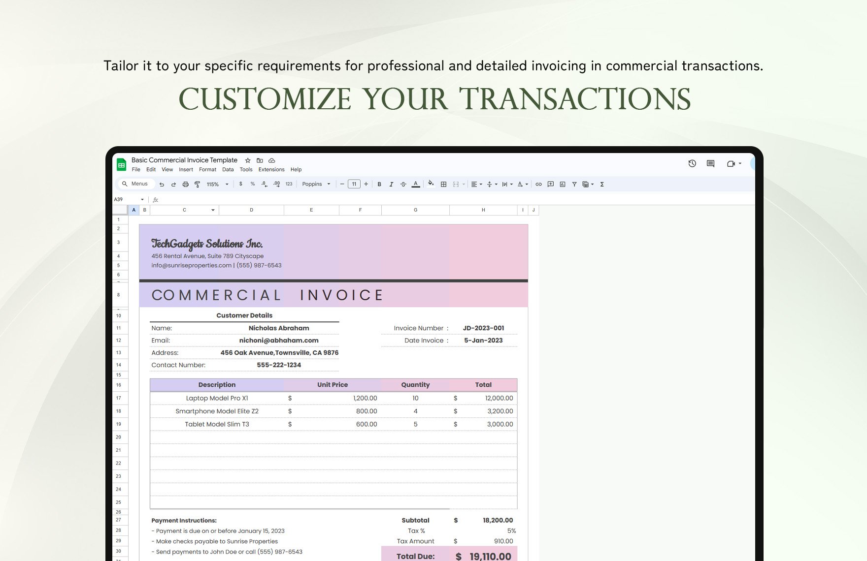 Basic Commercial Invoice Template