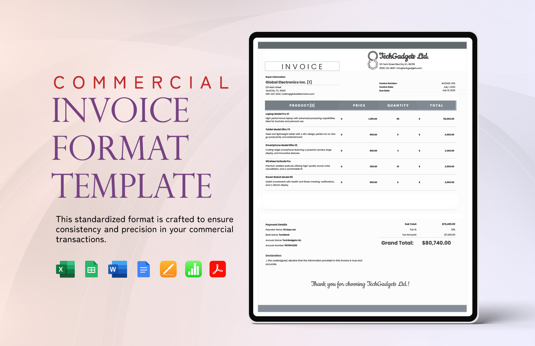 Commercial Invoice Format Template in Excel, Google Sheets