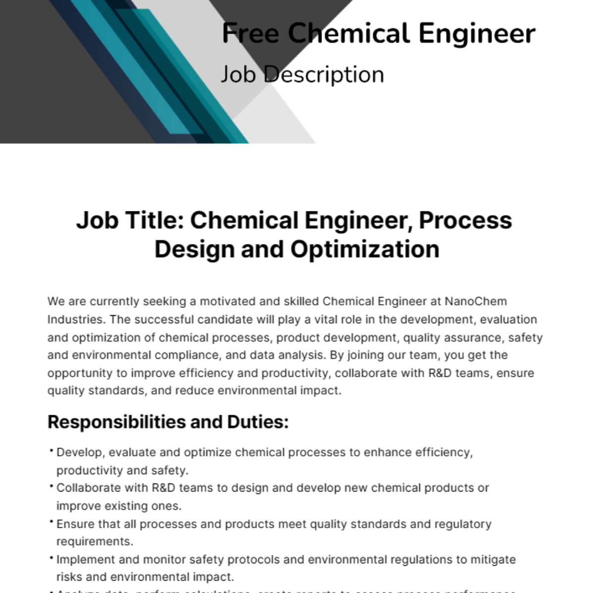 Free Chemical Engineer Job Description Template