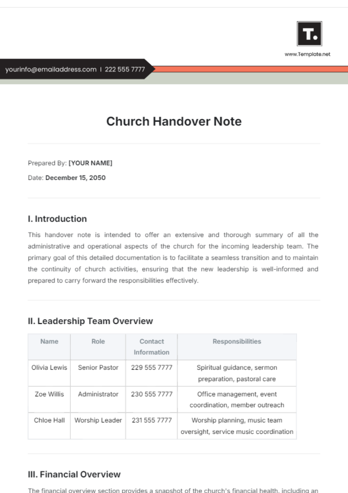 Church Handover Note Template