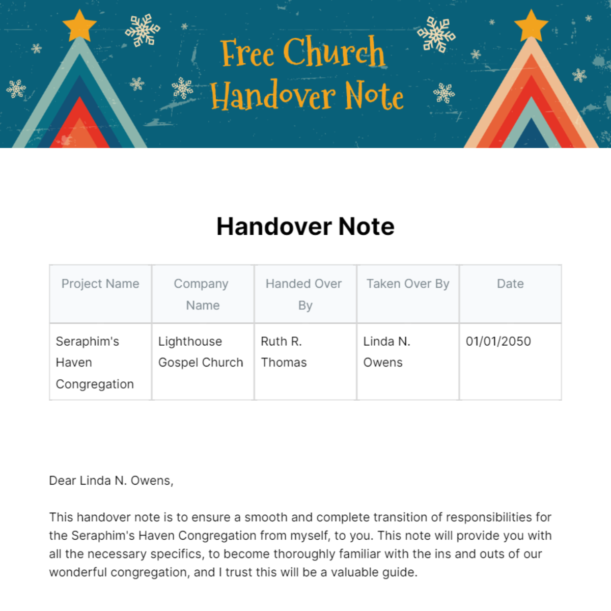 Free Church Handover Note Template