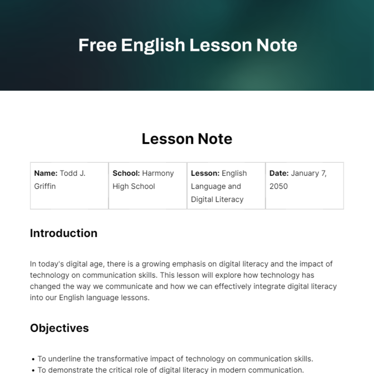 Free English Lesson Note Template
