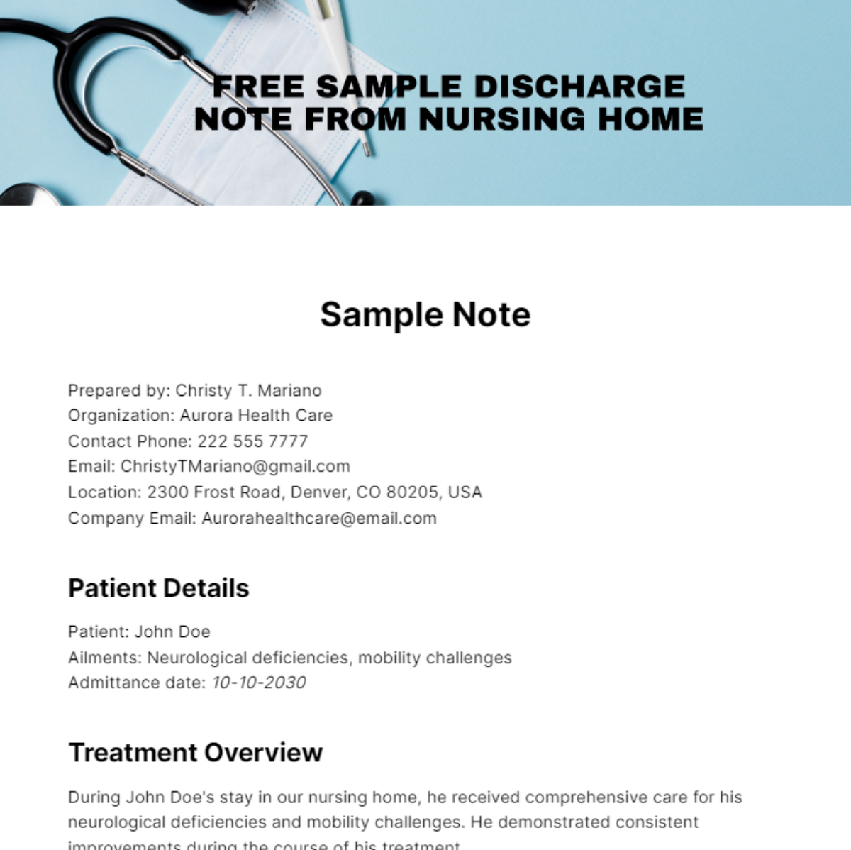 Free Sample Discharge Note from Nursing Home Template