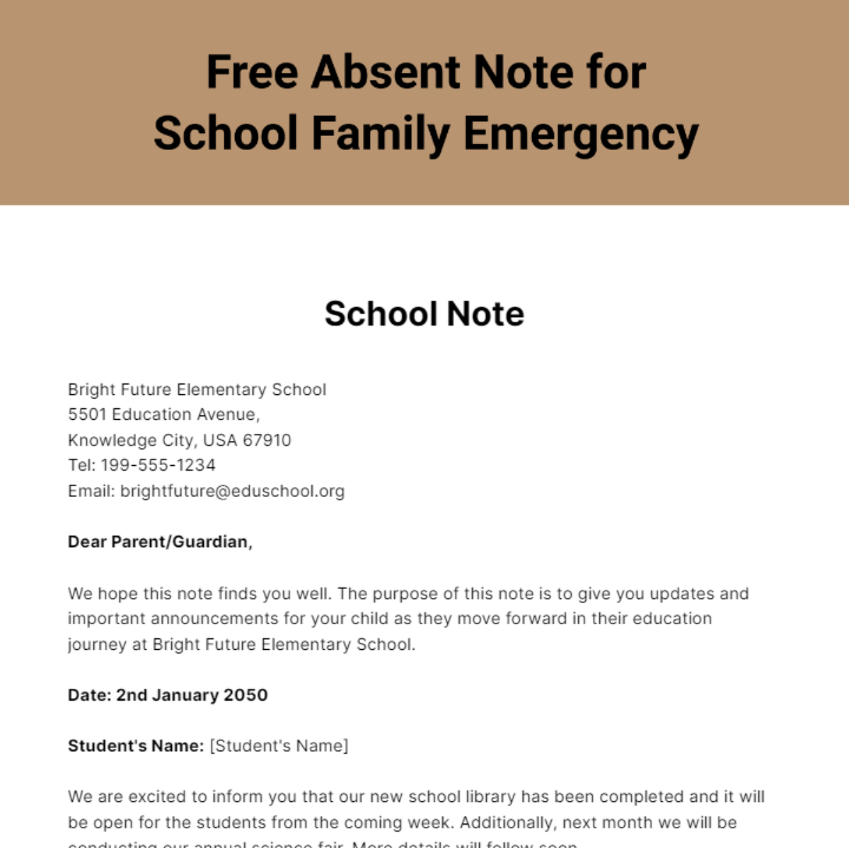 Absent Note for School Family Emergency Template