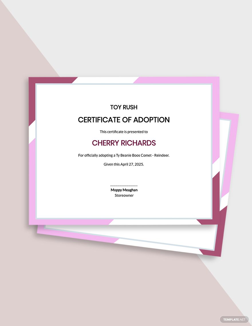 Beanie Boo Adoption Certificate Template