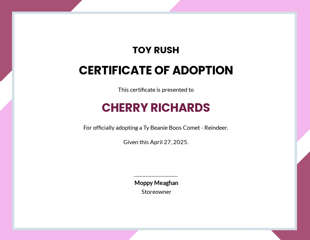 Beanie Boo Adoption Certificate Template - Google Docs Throughout Toy Adoption Certificate Template