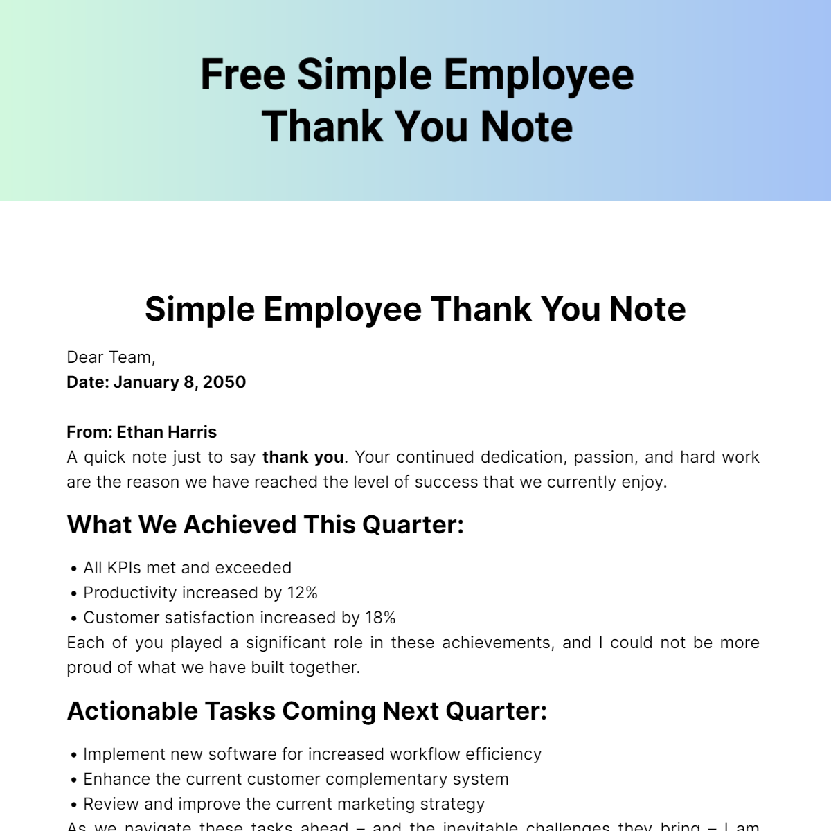 Simple Employee Thank you Note Template