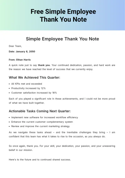 Free Simple Employee Thank you Note Template to Edit Online