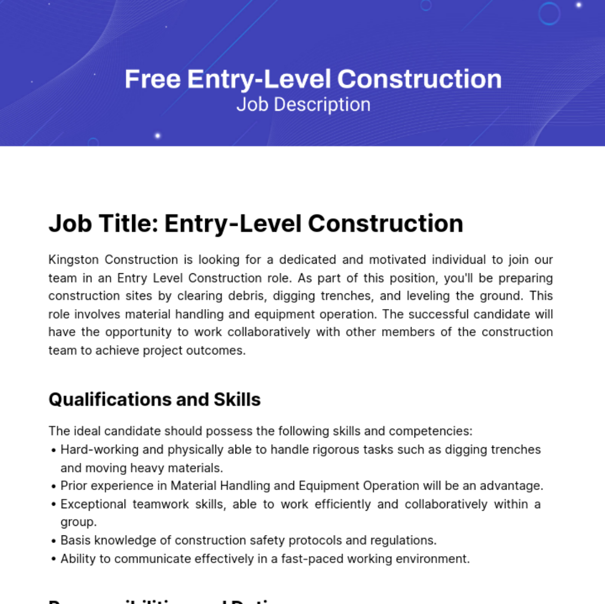 Free Entry Level Construction Job Description Template