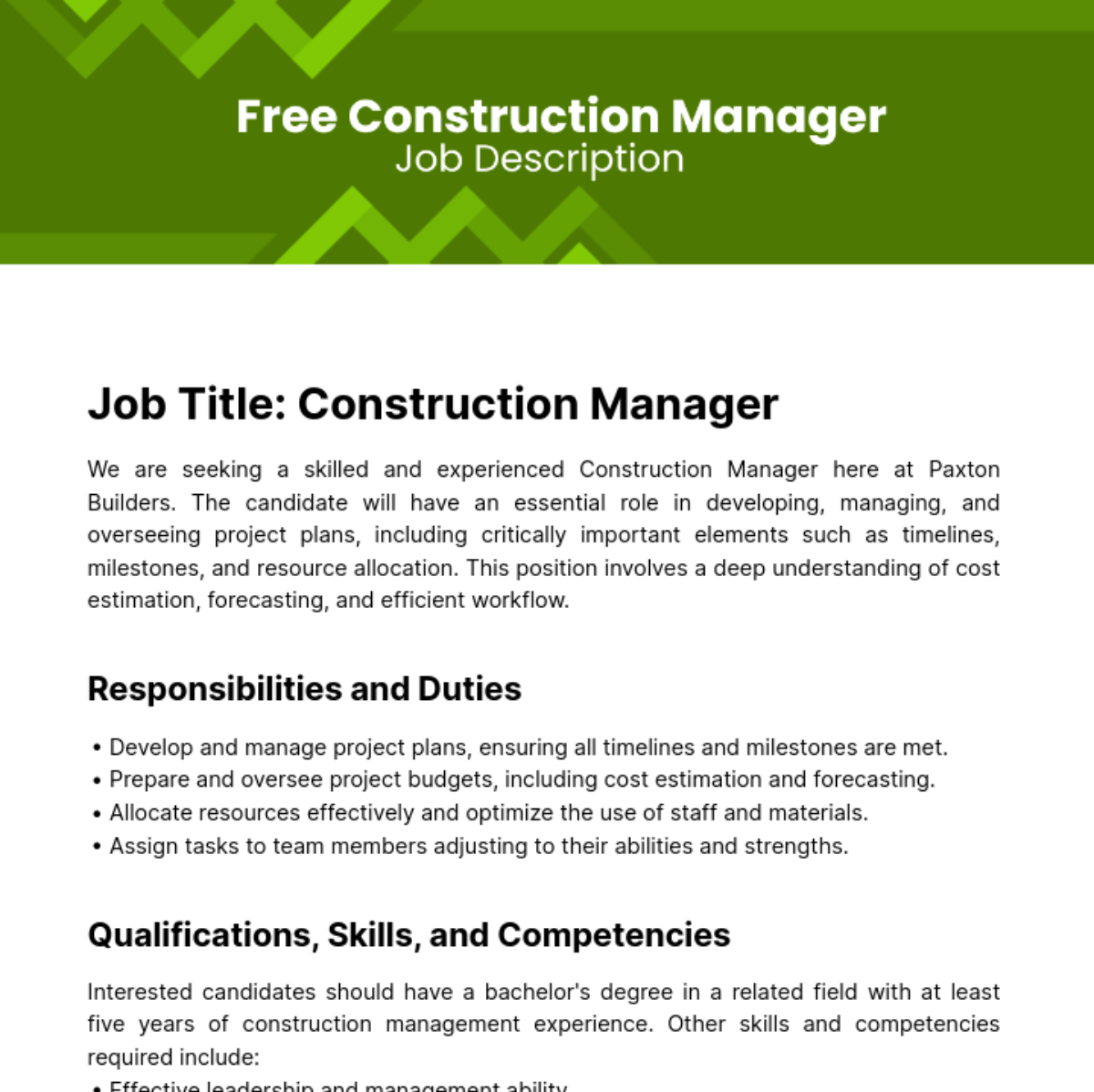 Free Construction Manager Job Description Template