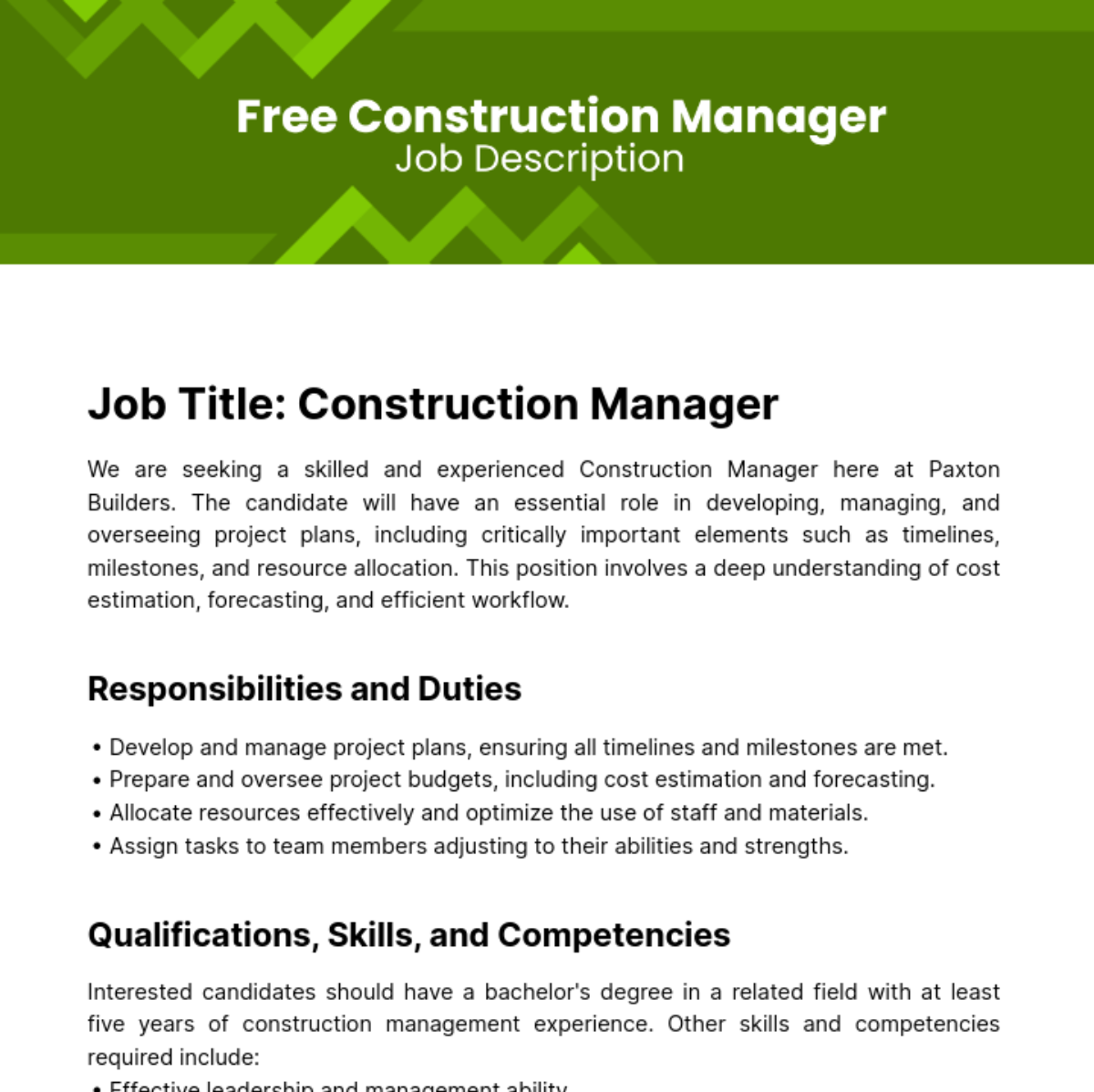 Construction Manager Job Description Template Edit Online