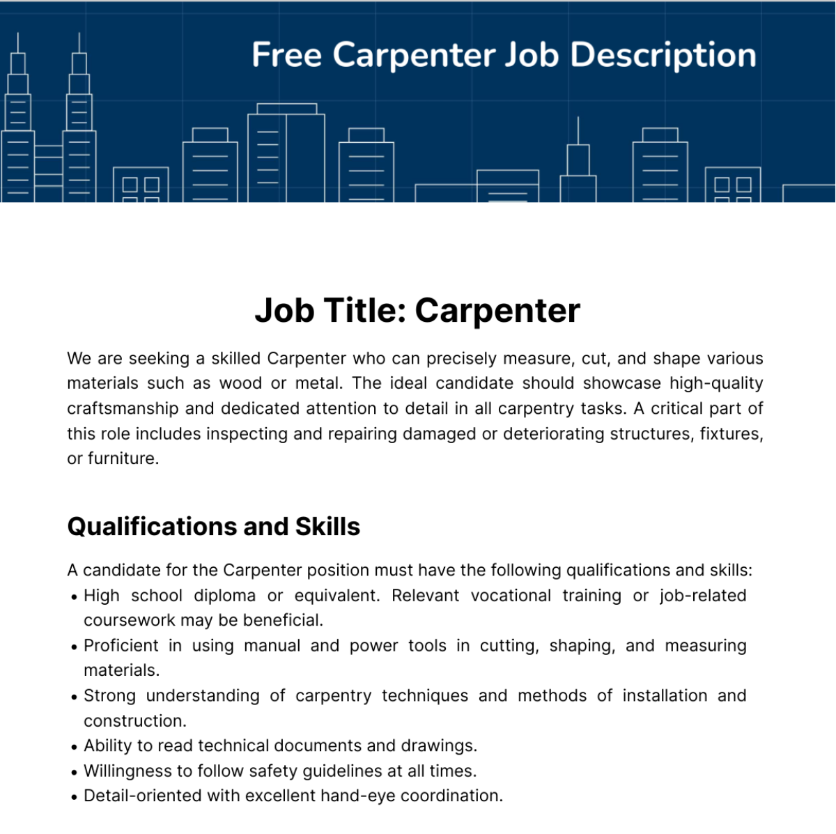 Free Carpenter Job Description Template