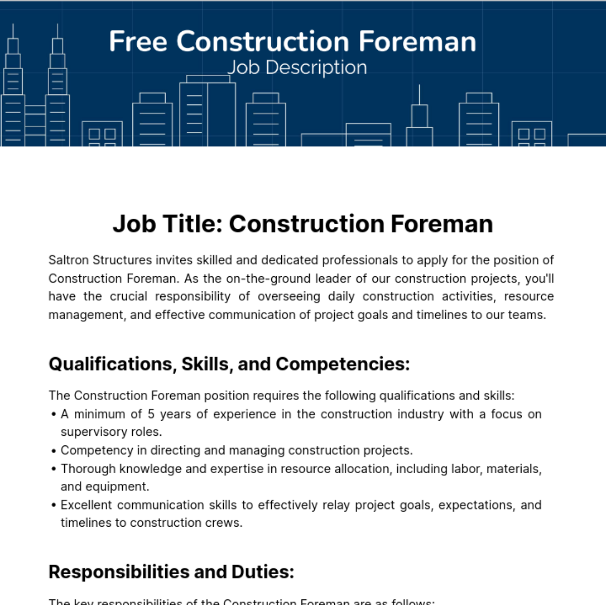 Free Construction Foreman Job Description Template