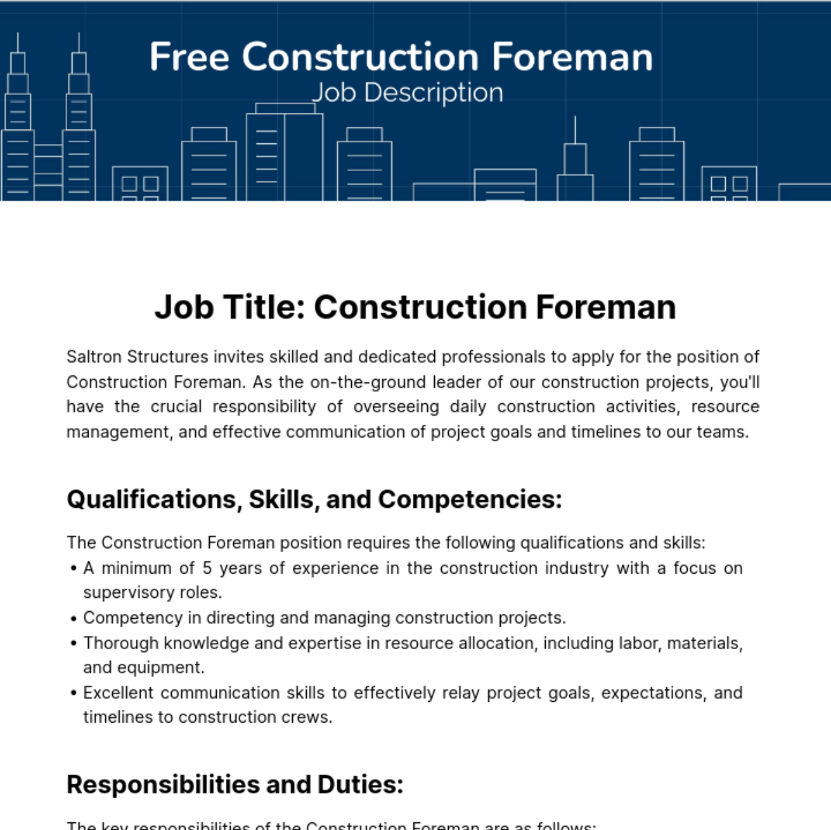 Construction Foreman Job Description Template - Edit Online & Download