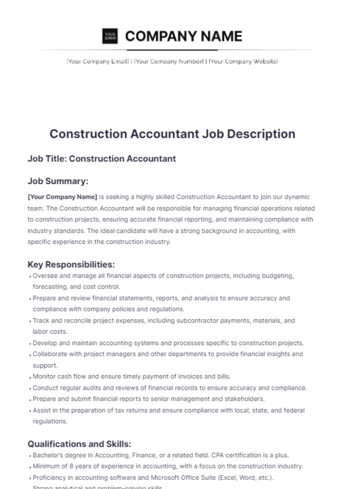 Construction Accountant Job Description Template - Edit Online & Download