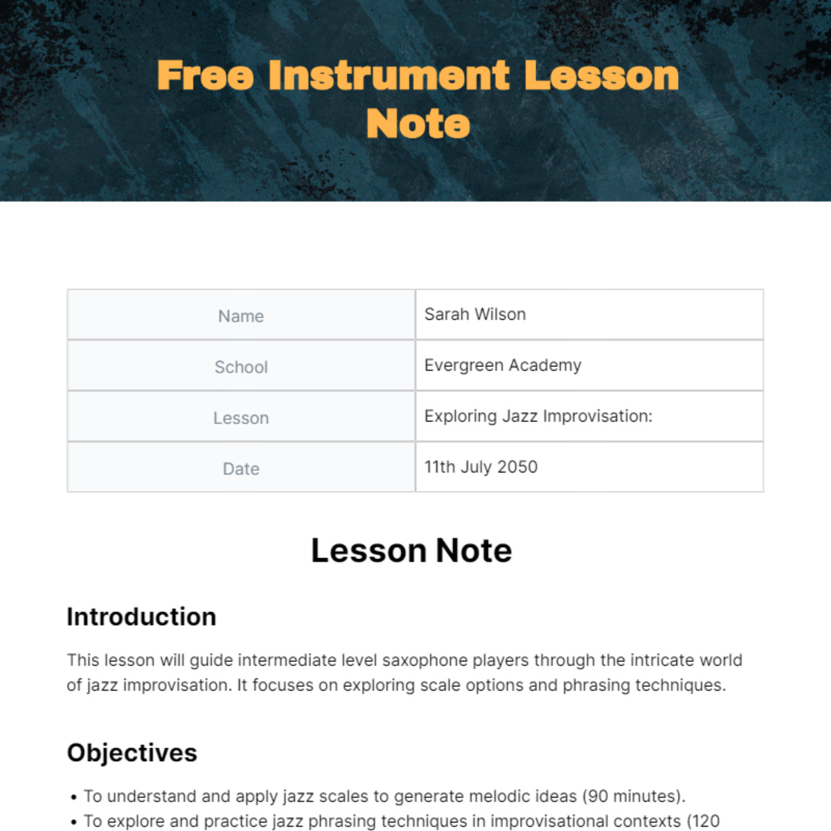 Free Instrument Lesson Note Template