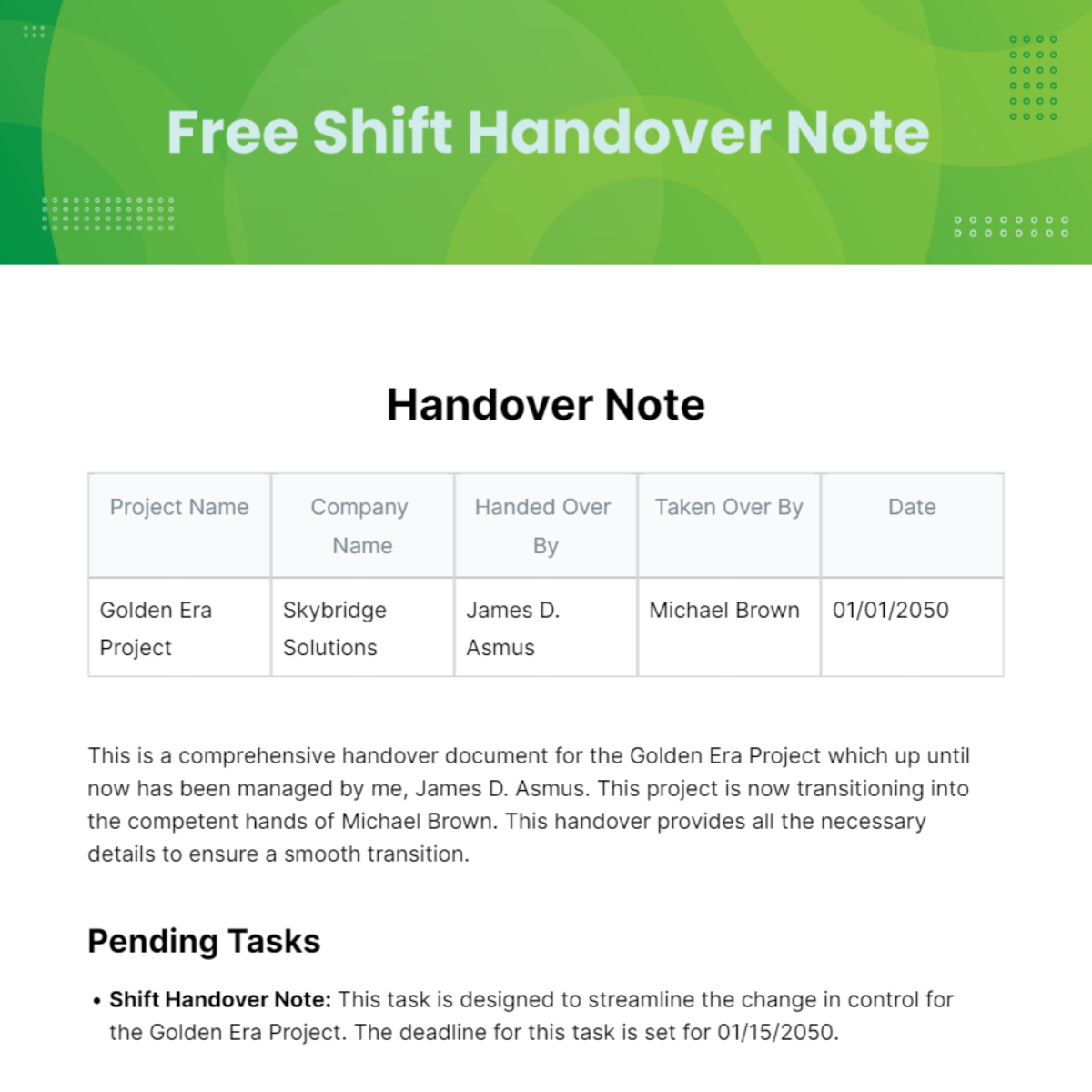 Free Shift Handover Note Template