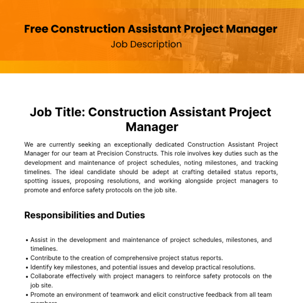 Free  Construction Assistant Project Manager Job Description Template