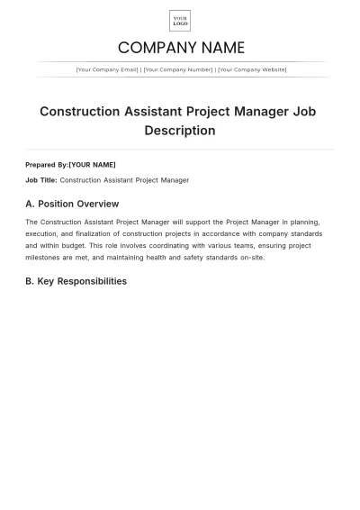 Free Construction Assistant Project Manager Job Description to Edit Online