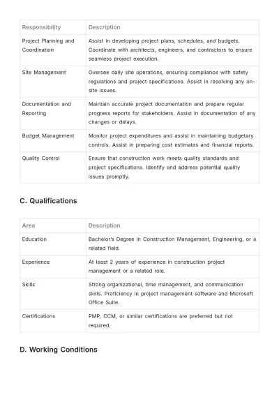 Free Construction Assistant Project Manager Job Description to Edit Online