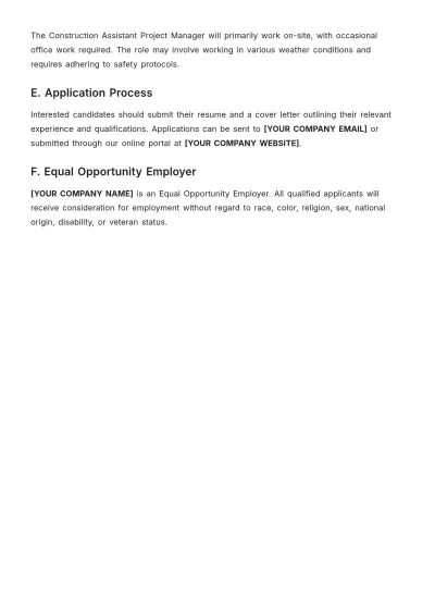 Free Construction Assistant Project Manager Job Description to Edit Online