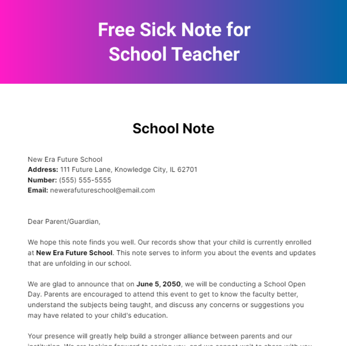 Free Sick Note for School Teacher Template