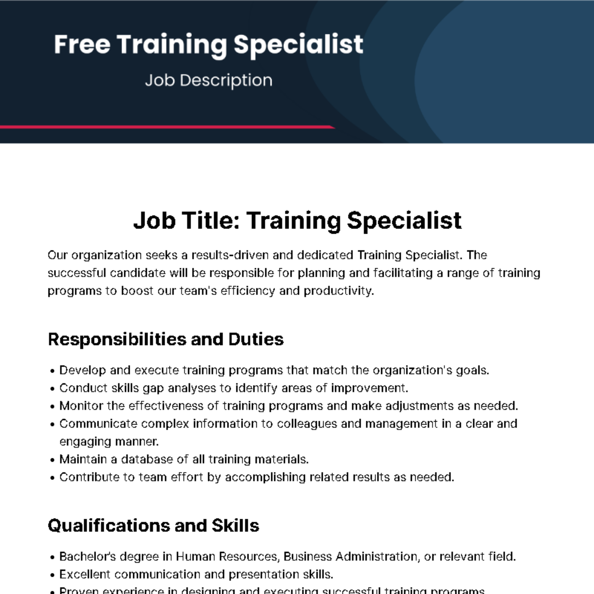 Free Training Specialist Job Description Template To Edit Online