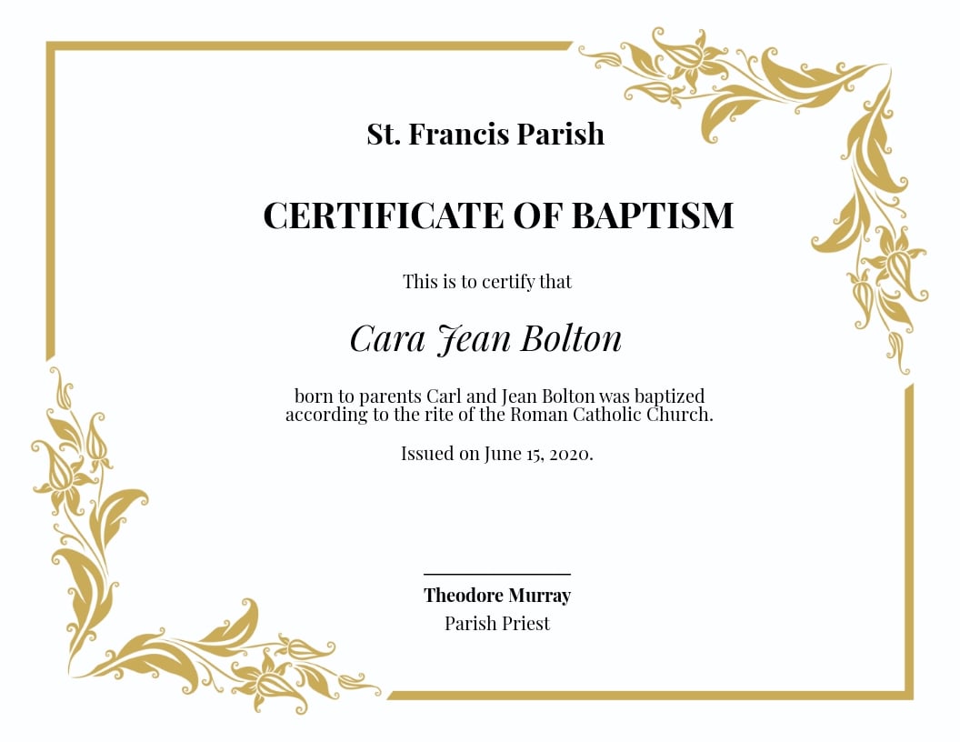 Catholic Baptismal Certificate Template  Google Docs, Illustrator Inside Roman Catholic Baptism Certificate Template