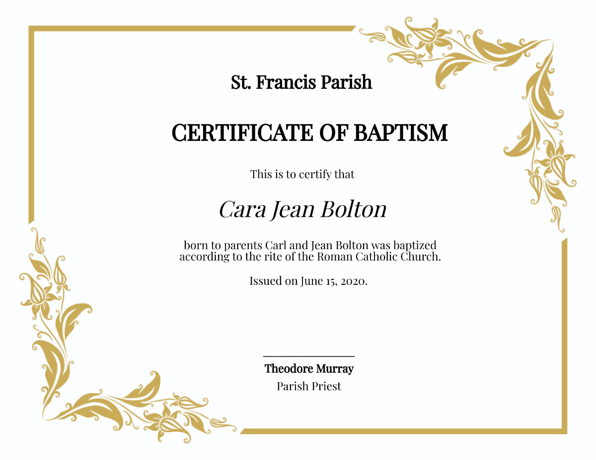 Catholic Baptismal Certificate Template